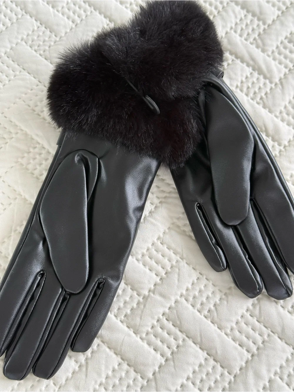 Vince Camuto Black Leather Gloves with Faux Fur Cuff and Gold Accent